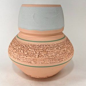 Handcrafted Southwest Style Relief Clay Pot Vase White Green Band Signed 7"